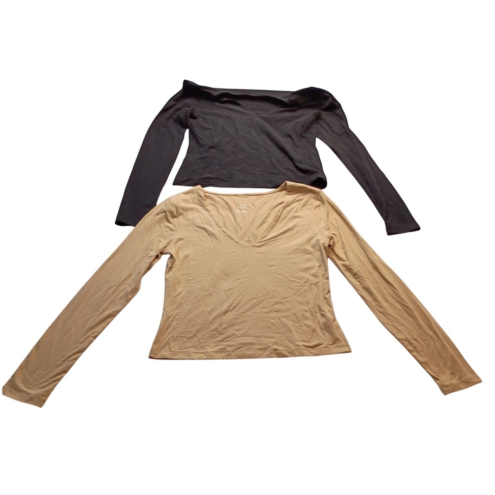 A New Day V-Neck Tee Women's 2pk Long Sleeve Cotton Blend Black Tan Basic S NWT